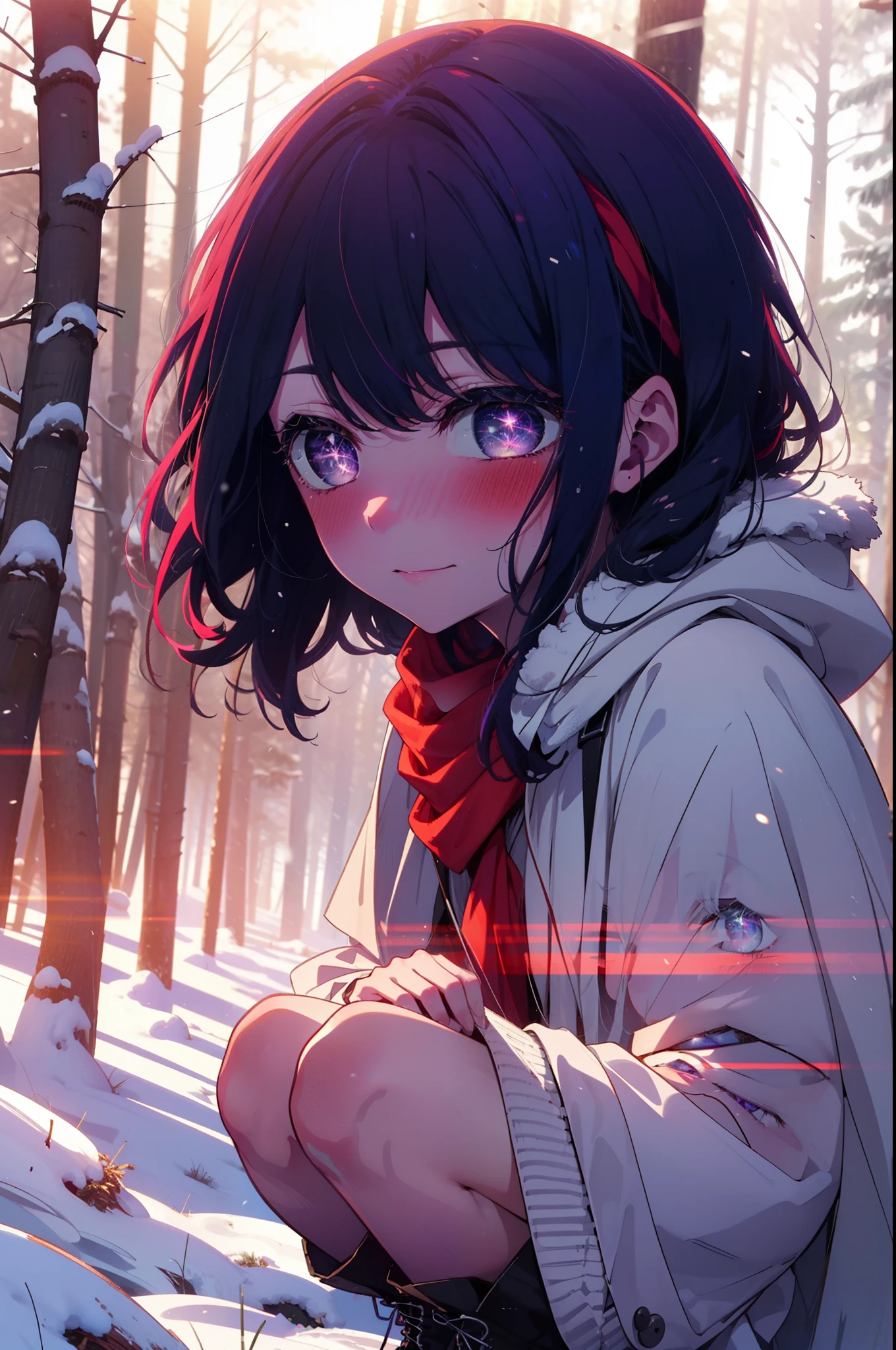 aihoshino, Ai Hoshino, Long Hair, bangs, (Purple eyes:1.1), Purple Hair, (Symbol-shaped pupil:1.5), smile,,smile,blush,white breath,
Open your mouth,snow,Ground bonfire, Outdoor, boots, snowing, From the side, wood, suitcase, Cape, Blurred, , forest, White handbag, nature, Squat, Mouth closed, Cape, winter, Written boundary depth, Black shoes, red Cape break looking at viewer, Upper Body, whole body, break Outdoor, forest, nature, break (masterpiece:1.2), Highest quality, High resolution, unity 8k wallpaper, (shape:0.8), (Beautiful and beautiful eyes:1.6), Highly detailed face, Perfect lighting, Extremely detailed CG, (Perfect hands, Perfect Anatomy),