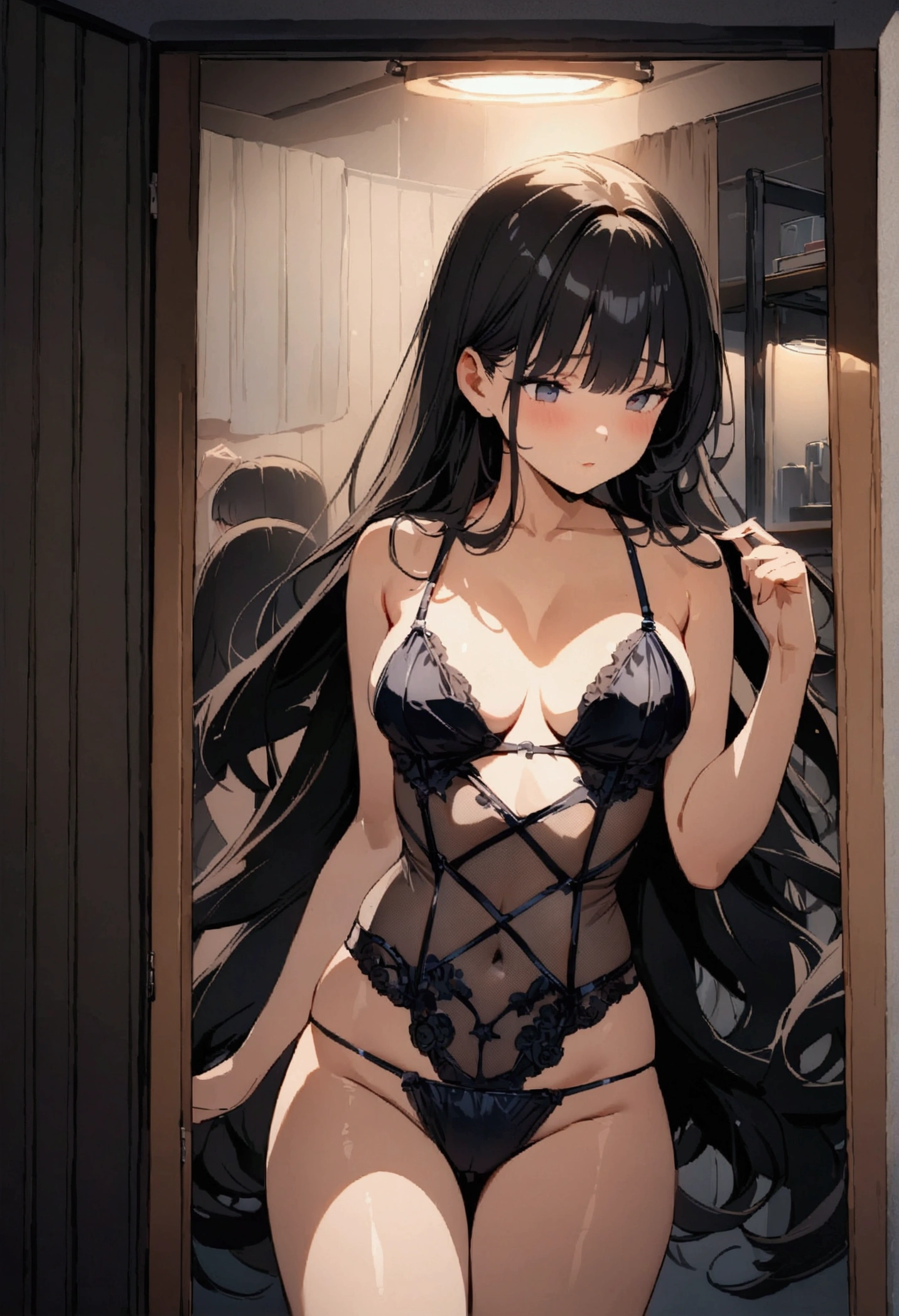 ((greatest masterpiece:1.3, ultimate quality:1.3, ultra-detailed:1.2)), (movie lighting), ((perfectly sensual)), super fine illustration, an extremely delicate and beautiful, 4K, 8K, 16K, UHD, Incredibly beautiful girl, solo, steel , steel lingerie, steam, gear, steel, retro machinery, fitting room, peeking through curtains, mirror,