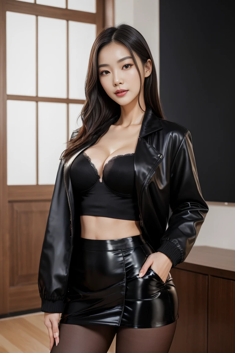 ((best quality)), ((masterpiece)), (detailed), Beautiful Korean woman,8K,black jacket, skirt black underwear, (realistic`plus ultra), korean model, full body, perfect shaped breast, H cup, slim woman, (sexy pose), seductive smile,shiny pantyhose