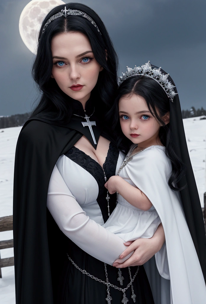 mother and daughter break: mother, super villain, mature woman , black hair , blue eyes, detailed face , sexy, curvys, tall, white woman, dress with cape, desing with christian cross break: daughter, girl, very small breats, teenager, 1.3, super villain, lolita, black hair , blue eyes, detailed face ,dresing with christian cross , background in snow , moon behind
