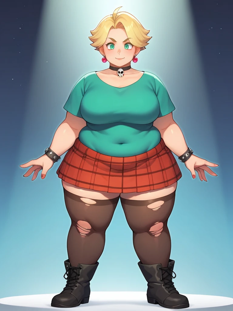 Score_9, score_8_up, score_7_up, source_anime, 1girl, solo, bbw, on stage, pale, mature female, choker, spiky bracelet, milf, ((wearing a black color t-shirt with a picture of a skull on it)), green eyes, blonde hair, (((wearing a mini red color pleated skirt))), wearing high spiky boots, wearing fishnet leggings, standing, full body,