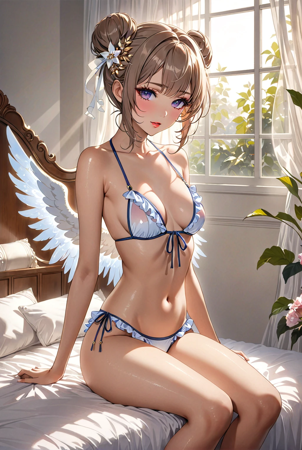 anime illustration,gigantic sugging  breasts,full body,open front wide legs,see through costume,sit bed,open front,angel