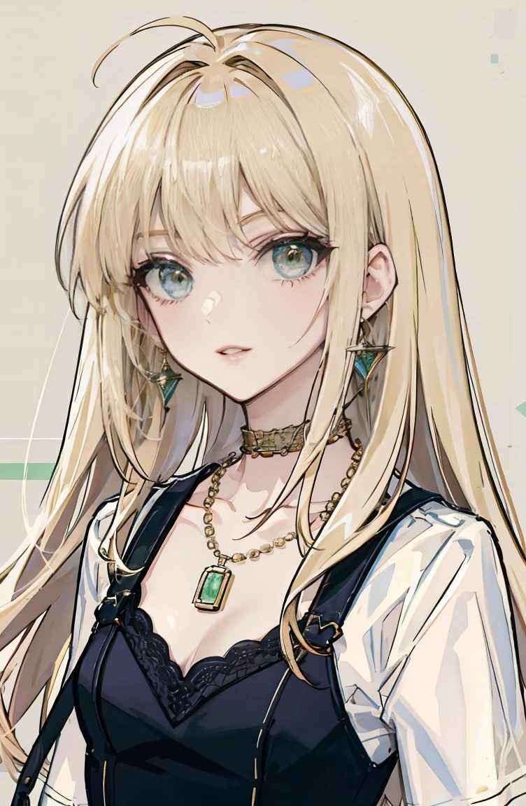 One girl, jewelry, Earrings,, alone, Long Hair, Blonde beige hair, Messy Hair, Long Hair bangs, green beautiful eyes, Beautiful attention to detail, View your viewers, Expressionless, Mouth closed, necklace, choker, Portraiture, bangs, Upper Body,Bad boy, Small breasts ,