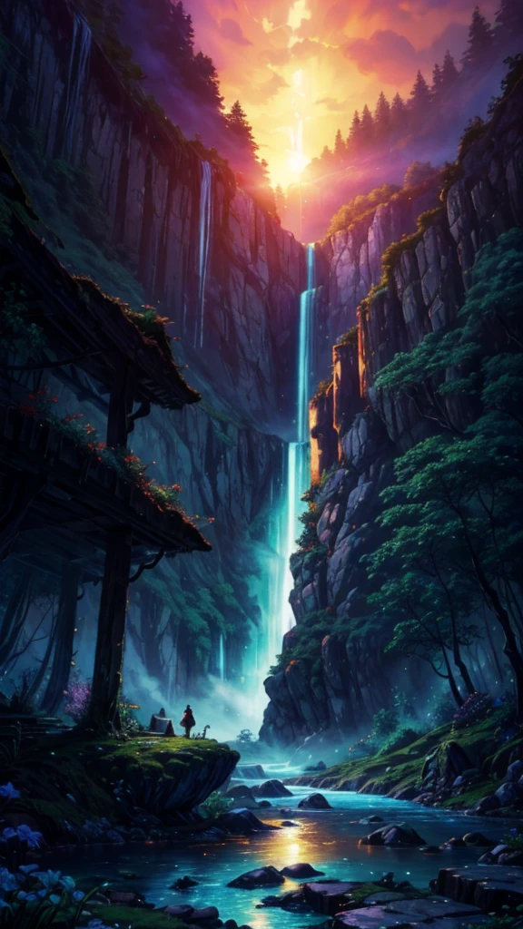 The atmosphere of a village deep in the forest where goblins live.,The trees covered half of the sky, Hazy mist, Flowing light flow, Small winding waterfall, Beautiful waterfall, Beautiful fantasy painting, bioluminescent waterfall, Golden skylight, Epic surrealist 8k oil painting, European style small house fairy tale house, Indoor lighting, Giant Wood Forest, dusk, Sunset, Calm stream, Magnificent tree,