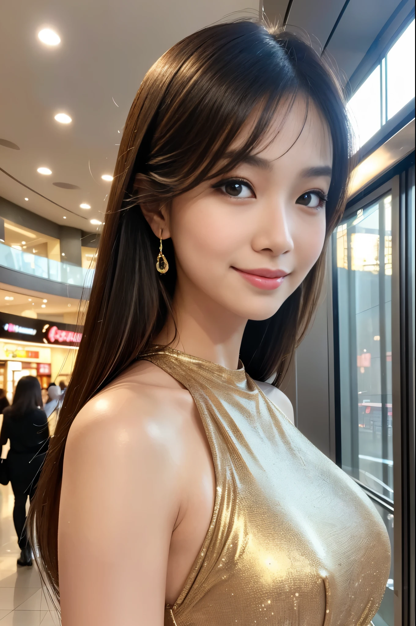 (masterpiece:1.4), (best quality:1.4), ultra high res, ultra high resolution, ((detailed facial features)), HDR, (realistic, photorealistic, photo-realistic:1.37), closeup, sexy seductive Thai woman, (seductive smile), long lashes, beautiful makeup, platinum blonde hair, fair skin, slender figure, elegant posture, wearing large sparkling colorful jewelery, wearing a business style leather dress, standing in a large shopping mall, gentle sunlight shining through the shopping mall windows, casting a soft glow on her face, adding warmth to the scene, vibrant colors, capturing the essence of vibrant city life, portrait style, showcasing her natural beauty and grace in a feminine way