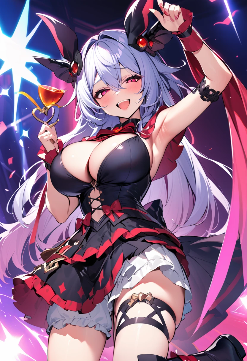 Cure happiness,  skirt,  Wrist cuff, shorts under skirt, boots, corruption, Hollow Eyes, Half closed eyes, Wicked Smile, There are no students, Crazy Smile, Open your mouth, girl２people,Blue and red accents， Dark Magical Girl,Black costume,Large Breasts（Huge breasts:1.8)