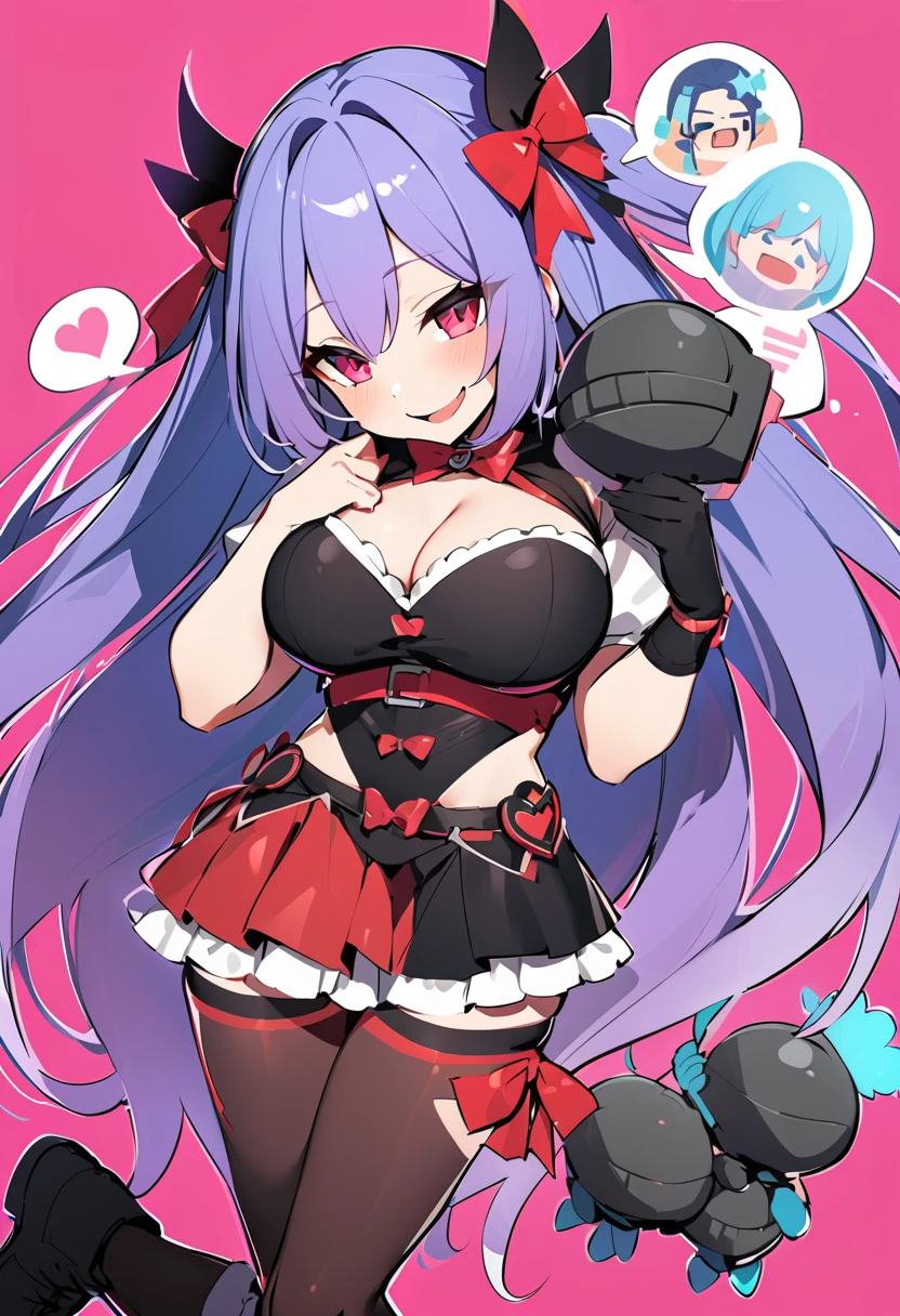 Cure happiness,  skirt,  Wrist cuff, shorts under skirt, boots, corruption, Hollow Eyes, Half closed eyes, Wicked Smile, There are no students, Crazy Smile, Open your mouth, girl２people,Blue and red accents， Dark Magical Girl,Black costume,Large Breasts（Huge breasts:1.8)