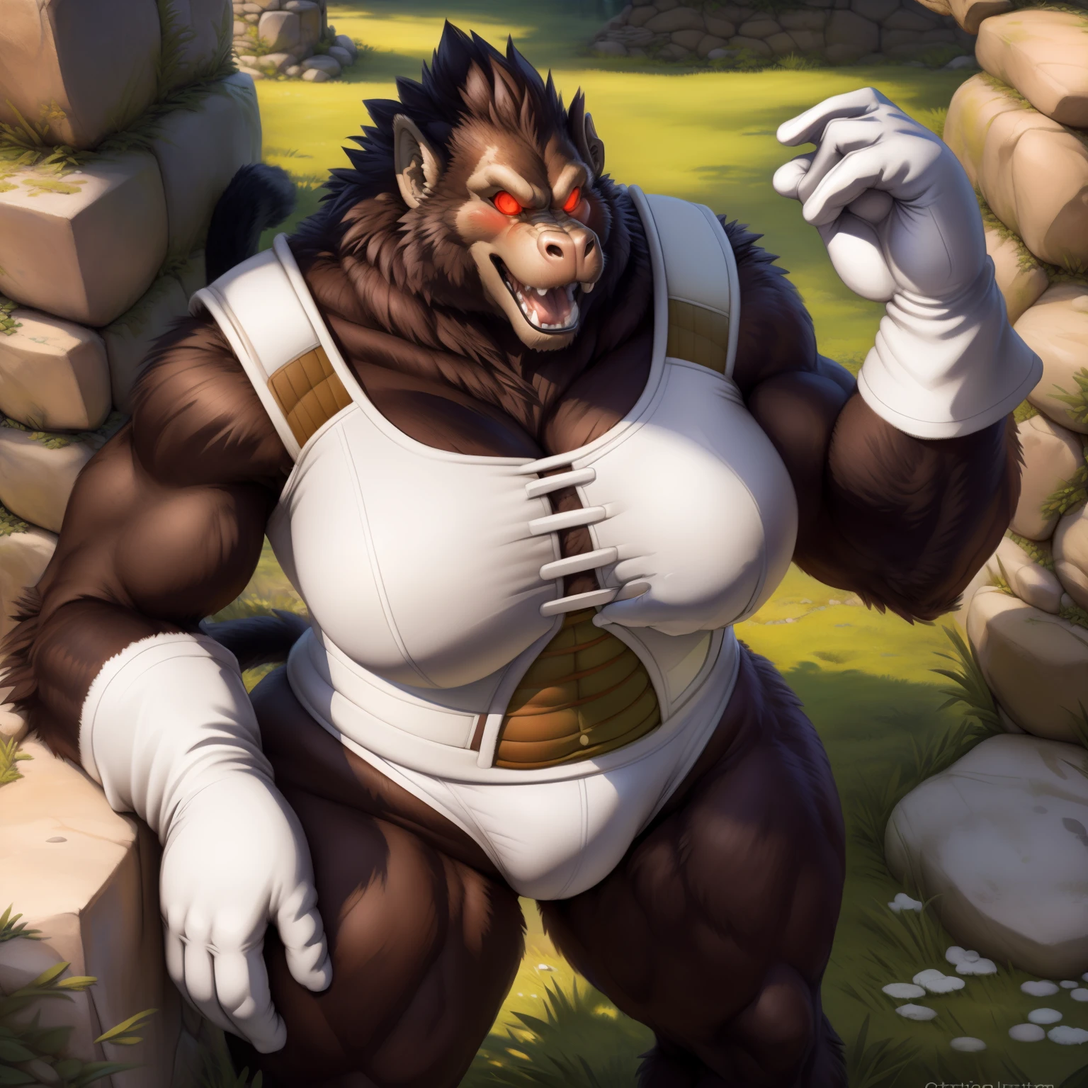 solo, breath (ultra detailed), a beautiful and detailed full size portrait of a female anthro gorilla, oozaru, brown fur, fur body, monkey tail, red eyes, close up view, glowing eyes, empty eyes, tail, bedroom eyes, detailed eyes, big body, sexy body, (wide body). goddess, kenket, Ross Tran,ruan jia, trending on artstation,foxovh, cenematic lighting, front view, big breaths, huge boobs, big boobs, big , big , big , big , day, tree, (((stone wall, grass, seductive, pose, standing, white gloves))), curvy figure, (((white saiyan armor, covering self, underwear, big butt)), angry, open mouth, blush,