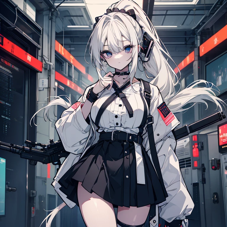 1 girl、Mature、Ample breasts、Long Hair、White Hair、ponytail、ハイponytail、Maid clothes、cyber punk、Near future、Miniskirt、Holding a rifle、Arm Covers、Pointed handbag、choker、High resolution、Highest quality