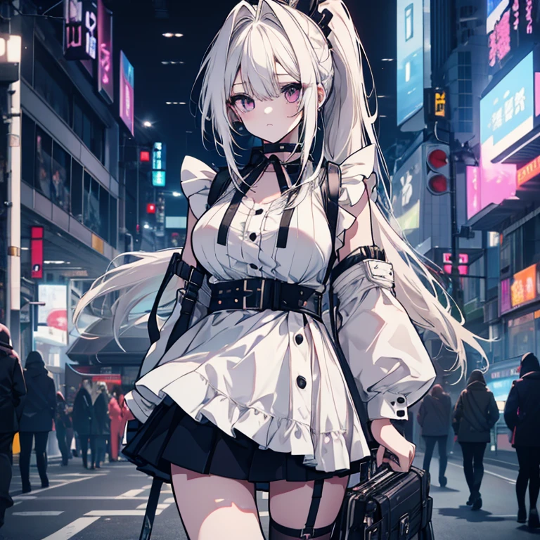 1 girl、Mature、Ample breasts、Long Hair、White Hair、ponytail、ハイponytail、Maid clothes、cyber punk、Near future、Miniskirt、Holding a rifle、Arm Covers、Pointed handbag、choker、High resolution、Highest quality