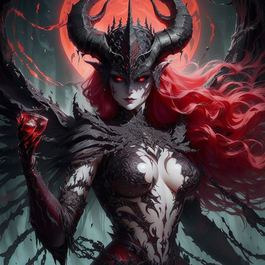 a close up of a woman with horns and a demon face, white horns queen demon, demoness, diablo 4 lilith, demon woman, beautiful elegant demon queen, dark fantasy style art, dark fantasy art, succubus, succubus | medieval, fantasy dark art, gothic fantasy art, dark fantasy artwork, tiefling, goddess of the underworld, large breasts, big 