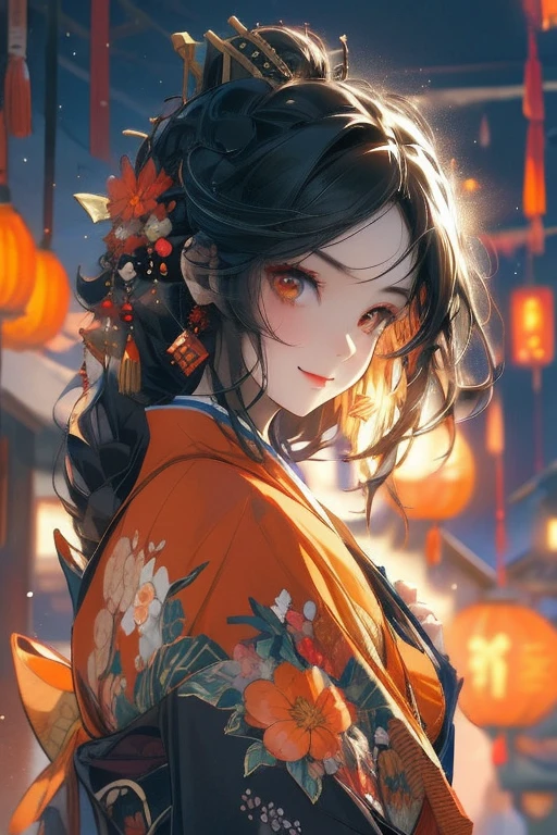 Perfect face. Perfect hands. A black haired woman with orange eyes in a pretty kimono is holding a paper lantern with a big smile