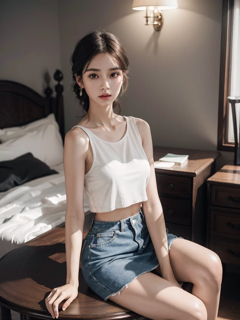 absurdres, RAW photo, extremely delicate and beautiful, masterpiece, Best Quality, ultra high resolution, 32k, hyperrealistic, ultra-detailed, perfect anatomy, super Detailed skin, perfect figure, Super Beauty, Perfect Style, Perfect balance, Beautiful Lighting, Perfect Lightning, Realistic Shadows, 20 years old, very Slim body, narrow waist, very small head, very small face, delicate facial features, handsome detailed woman, very detailed eyes and face, realistic face proportions, Realistic beautiful face, Realistic beautiful eyes, tearful mole, earring, very huge round breasts, legs, medium hair, asymmetrical hair, whole body shot, indoor, tank top, crop top, skirt, sleeveless, whole legs,