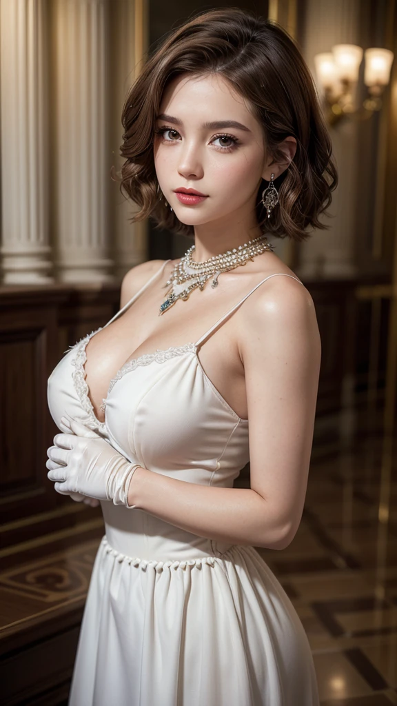 bellissima, xcharleston style, 1 girl, alone, short hair, brown hair, gloves, dress, brown eyes, jewelry, earrings, white gloves, white dress, makeup, feathers, lipstick, curly hair, realistic photorrealistic 