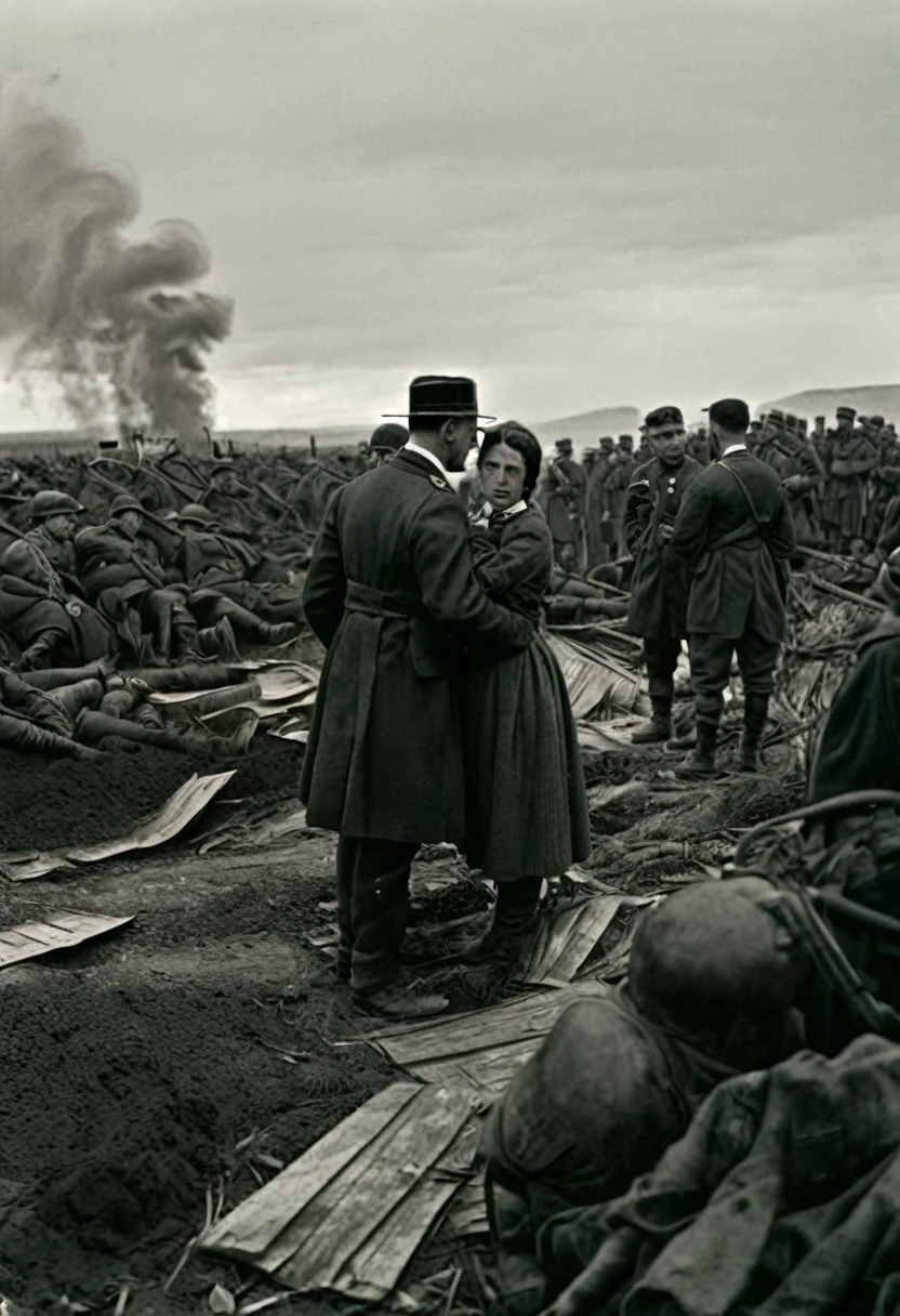 "A desolate World War I battlefield scene. Dark, oppressive sky with looming clouds covers the upper third of the image. The lower two-thirds show a muddy, blood-stained landscape with destroyed tanks and scattered personal effects in the foreground. Exhausted soldiers stand in the middle ground, their faces shadowed and indistinct, shoulders slumped and heads bowed. In the distance, officers direct soldiers like chess pieces.
The color palette is predominantly dark tones - grays, browns, and dark greens, with reddish-brown accents suggesting bloodstains. A hint of gold on the distant officers' uniforms provides contrast.
The composition focuses slightly left of center, with a sense of despair radiating outward. Smoke rises in the background, adding to the atmosphere of desolation.
Style: Realistic and grim, emphasizing the futility and human cost of attrition warfare.
Title: 'The Pinnacle of Folly: Humanity Lost in the Mire'"