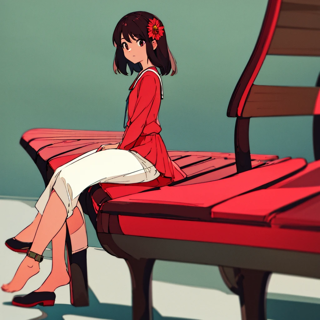 Light gray background Red flower Girl sitting on a bench simple