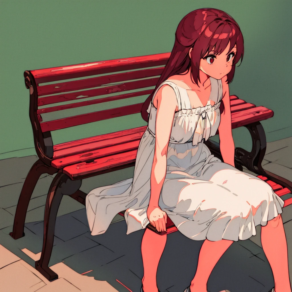 Light gray background　Red flower　Girl sitting on a bench　simple　