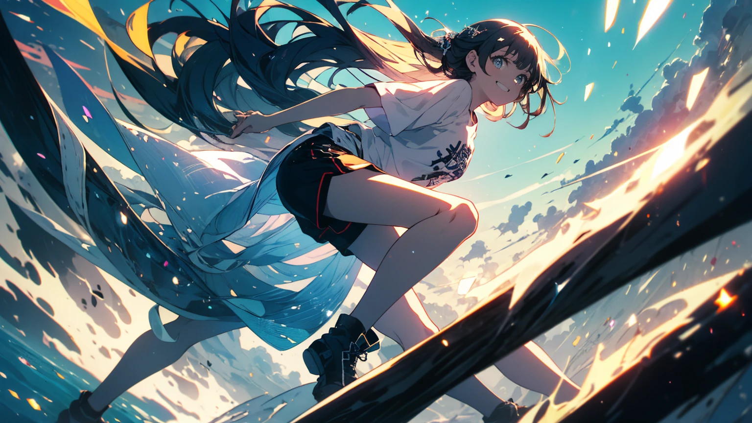 (Highest quality、masterpiece、High resolution、detailed)、(Shining Eyes、detailed美しい顔)、1 Girl、(T-Shirts,Shorts),smile,short boots,outskirts、Slope background、Beautiful Anime