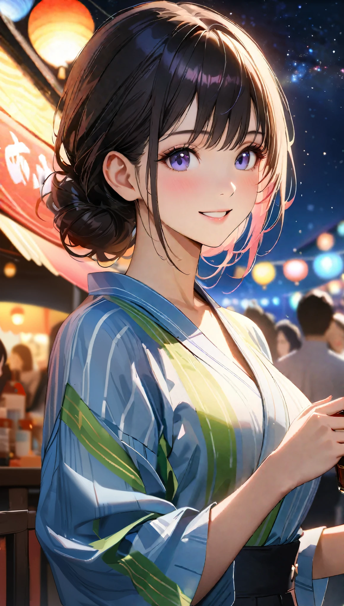 Young woman enjoying the summer festival,night, Starry Sky,Cute Yukata,Gazing at the sky,Blur the background,high school girl,smile,Highest quality, 8k, High resolution, masterpiece:1.2, Very detailed, Realistic:1.37, High resolution, 超High resolution, Ultra-fine painting, Very detailed, Professional, Vibrant colors