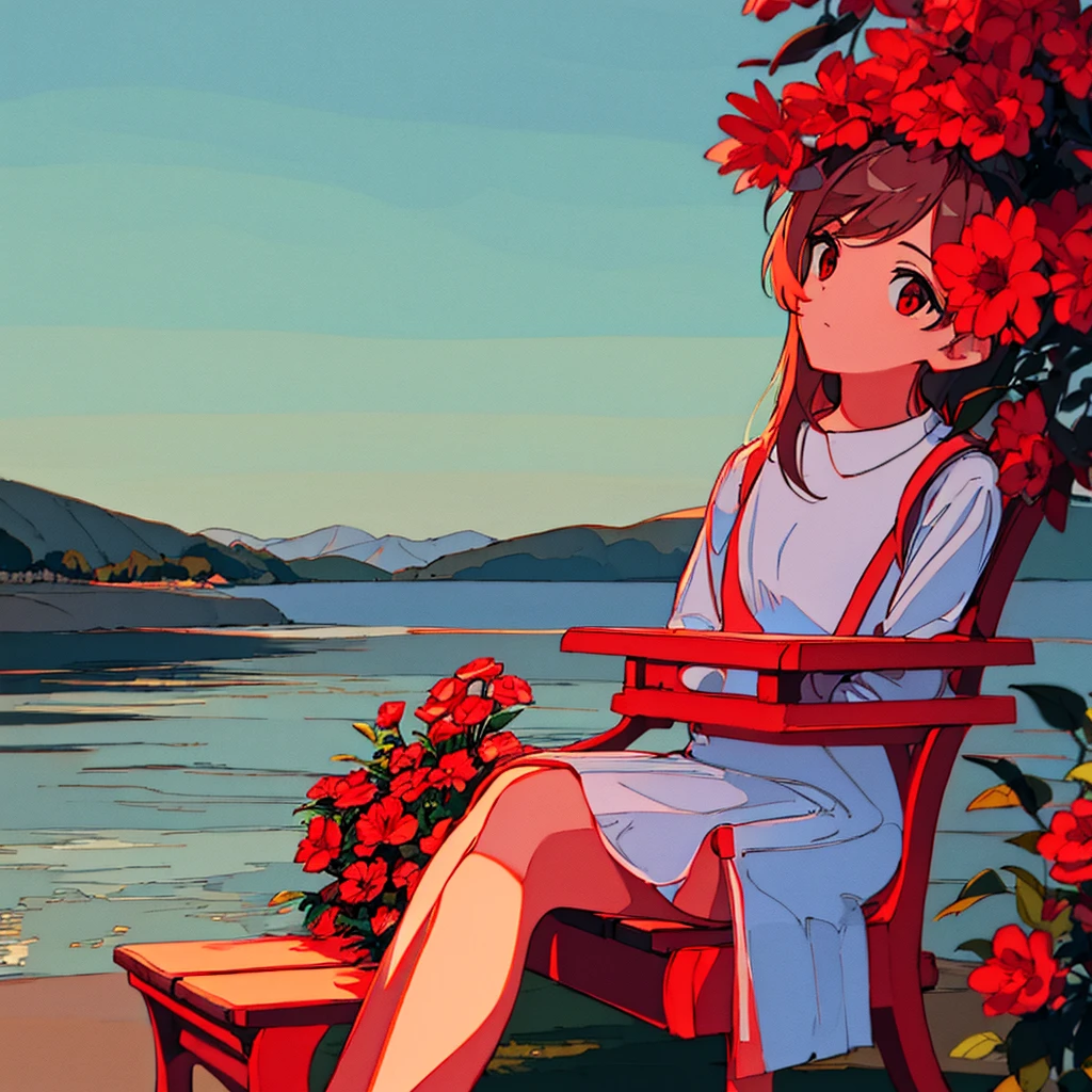 Light gray background Red flower Girl sitting on a bench simple