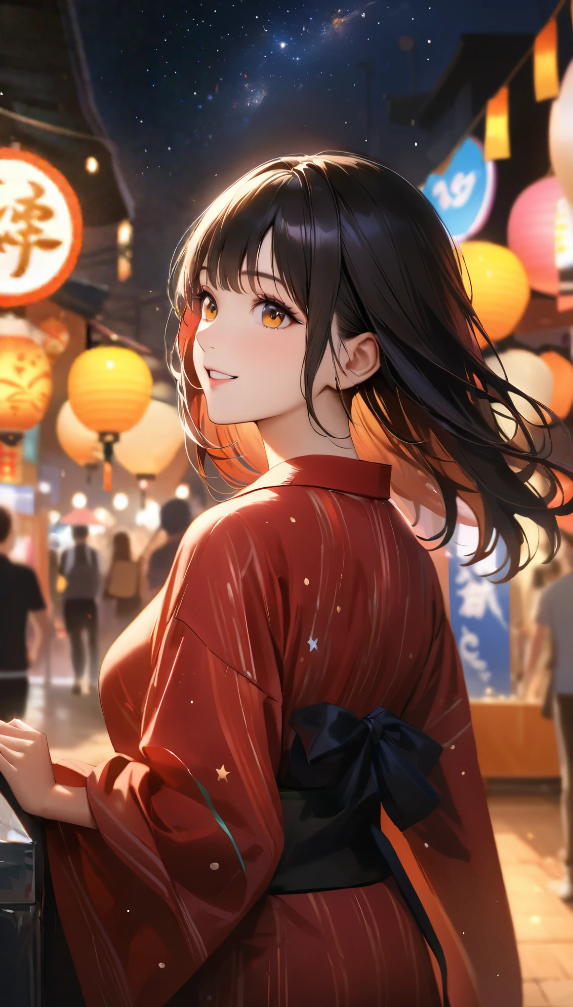 Young woman enjoying the summer festival,night, Starry Sky,Cute Yukata,Gazing at the sky,Blur the background,high school girl,smile,Highest quality, 8k, High resolution, masterpiece:1.2, Very detailed, Realistic:1.37, High resolution, 超High resolution, Ultra-fine painting, Very detailed, Professional, Vibrant colors