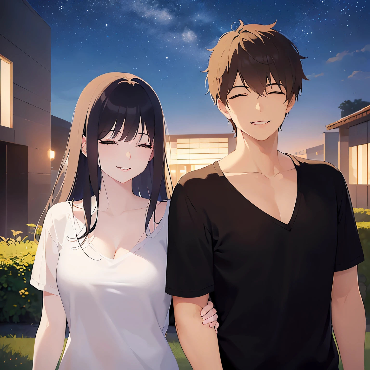 A couple laughing with their eyes closed、(Night Sky:1.5)、grass、(Night Park:1.5)、
Realistic, real person, (pale skin: 1.2), RAW photo, photorealistic, shiny skin, shiny hair、
BREAK(A 25-year-old woman with medium-length hair and bangs) and (wavy hair) and (brown hair) and(white) and (T-shirt) and (V neck) and cleavage and(smile with closed eyes)BREAK,
BREAK(30-year-old male:1.5) and (Black short hair)and(black) and (T-Shirts)and(smile with closed eyes)BREAK