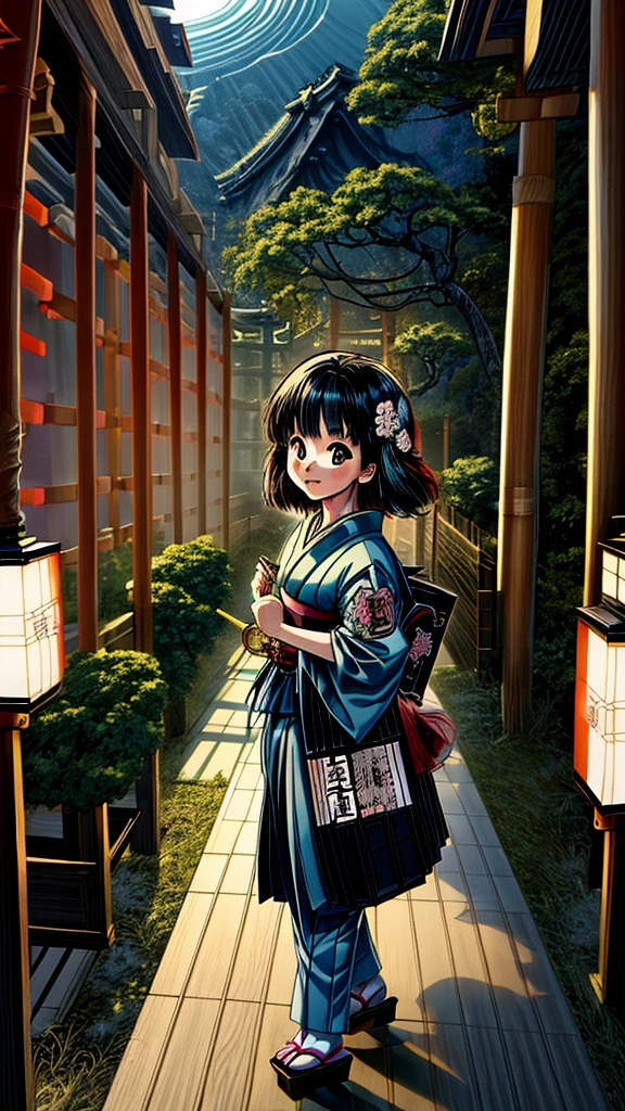 Best quality,(masterpiece:1,2),highres,original,perfect lighting,extremely detailed wallpaper,(extremely detailed CG:1.2),(Japanese manga style:2),Studio Ghibli,Hayao Miyazaki style,high saturation,rich details,A girl carrying a bag walking down the street,cartoon style,Japanese cartoon,