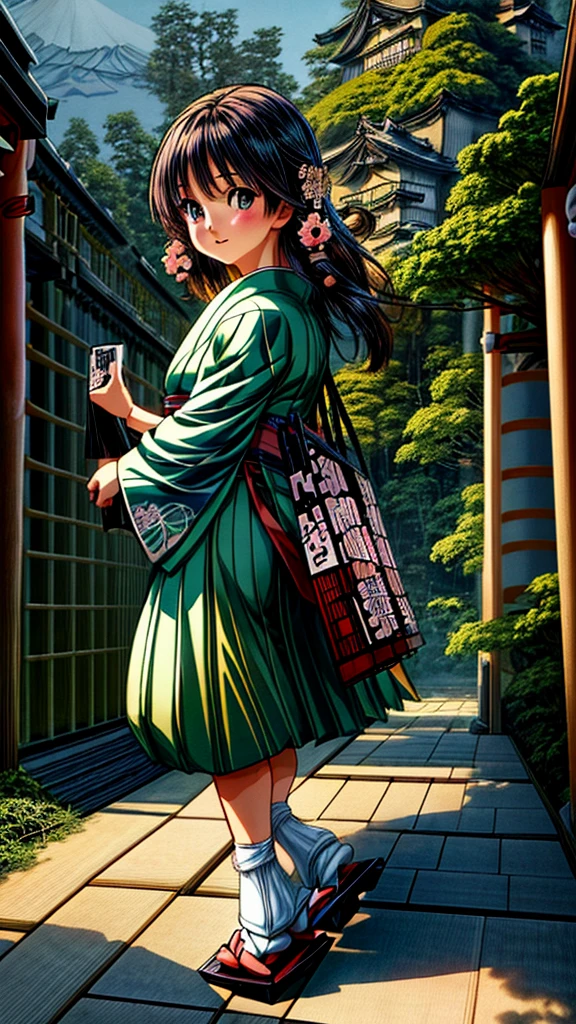 Best quality,(masterpiece:1,2),highres,original,perfect lighting,extremely detailed wallpaper,(extremely detailed CG:1.2),(Japanese manga style:2),Studio Ghibli,Hayao Miyazaki style,high saturation,rich details,A girl carrying a bag walking down the street,cartoon style,Japanese cartoon,