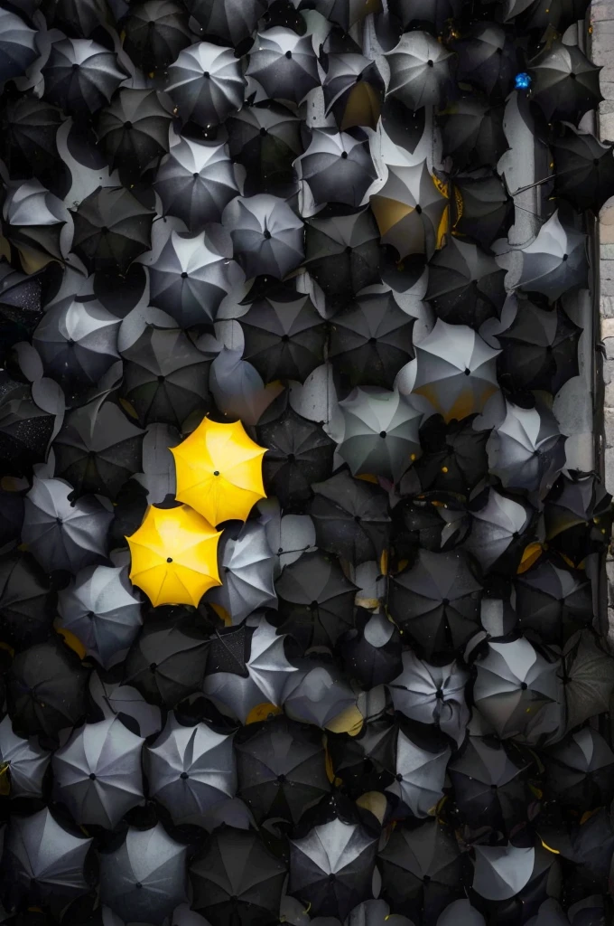 a close up of a yellow umbrella in a group of black guarda-chuvas, Preto e amarelo colors, Preto e amarelo, amarelo e preto, surreal Preto e amarelo, Preto e amarelo color scheme, amarelo e preto color scheme, guarda-chuvas, amarelos e pretos, amarelo e carvão, a loucura do mono-amarelo, people with guarda-chuvas, foto vencedora do concurso unsplash, cores contrastantes