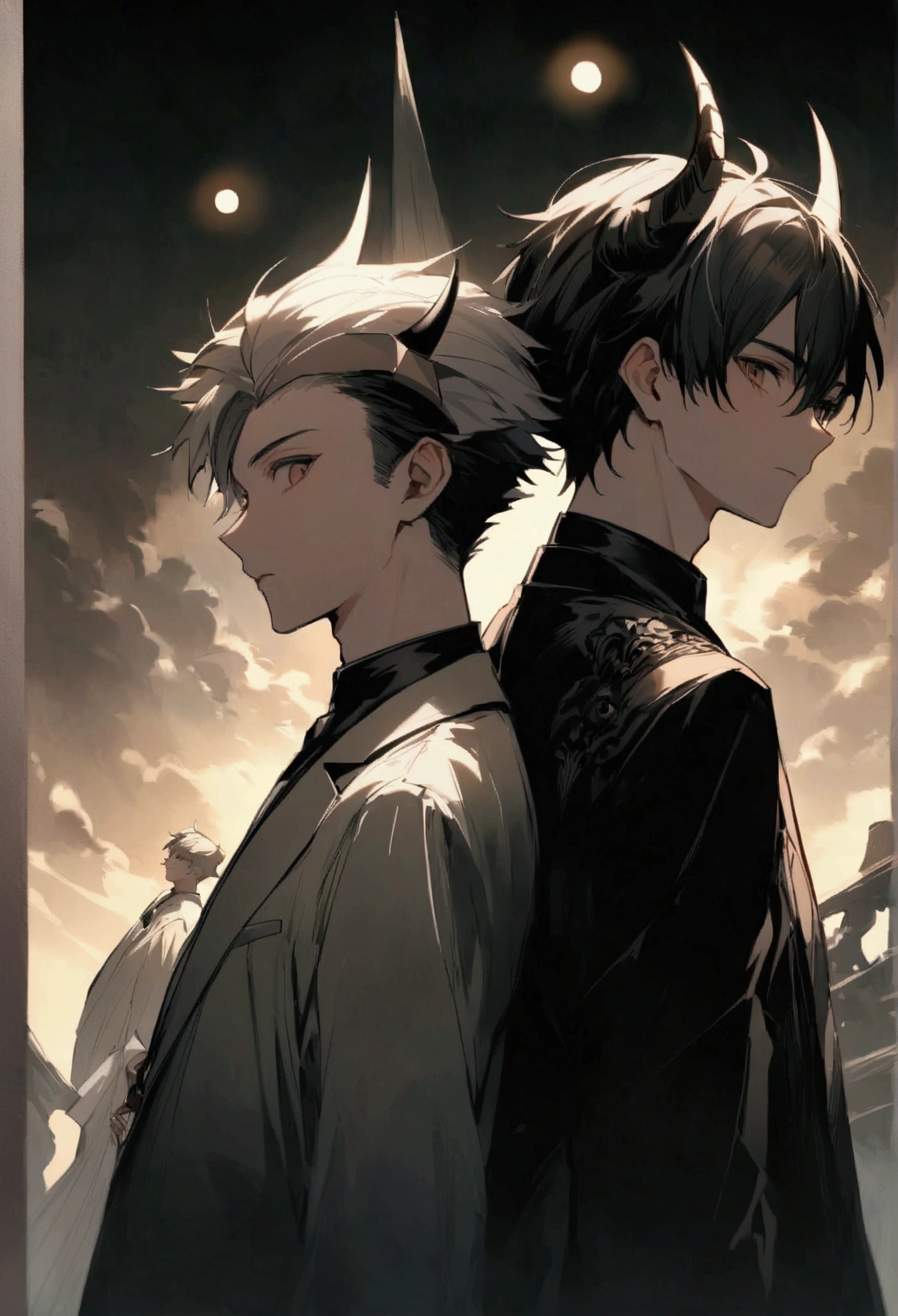 Handsome man, Two men, good friends、 , teenager,( A demon king with ram's horns on his head、)(Hornless human knight、) ,Stand back to back、Fantasy,