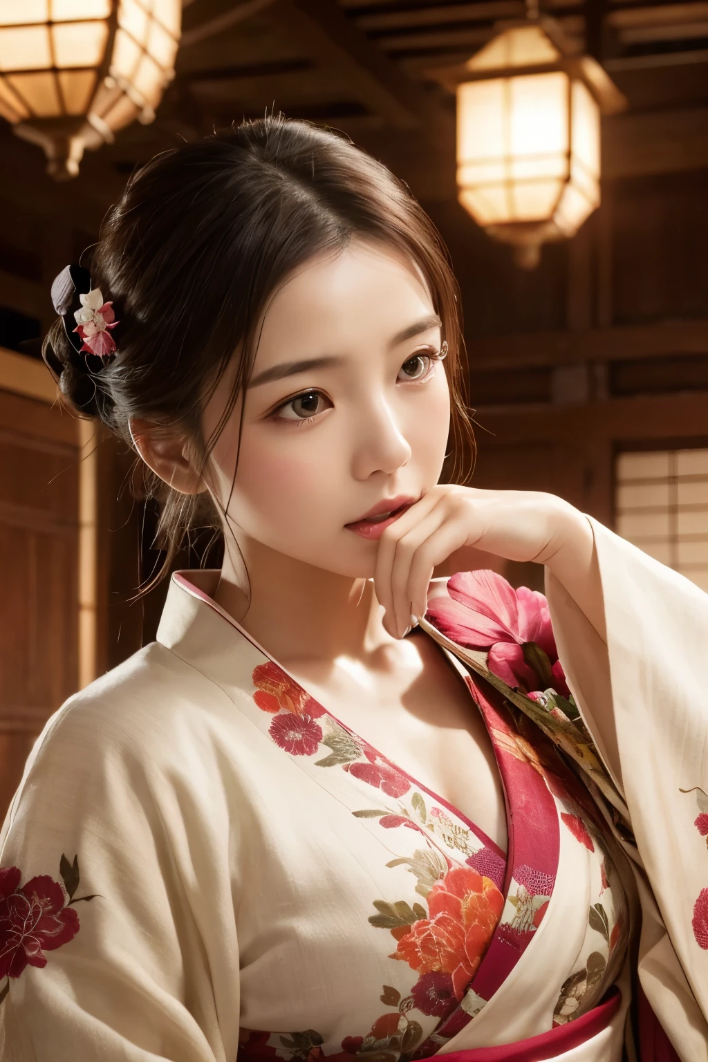 and weathering, 1 girl, only, kimono, antique_Japan_architecture, Flower Field, florals, (White cloth:1.3) (Realistic portraits:1.4), Tangled, mandala, twist, Official Art, unity 8k wallpaper, Super detailed, beautiful, masterpiece,Highest quality, (Dynamic Angle:1.4), Glowing Skin, (Colorful sparks fly:1) The most beautiful form of chaos, elegant, Barbaric design, Vibrant colors, Exotic Romance, Depth of written boundary._dance, Red flower，High resolution, Anatomically correct, chest, Open your mouth a little, 
