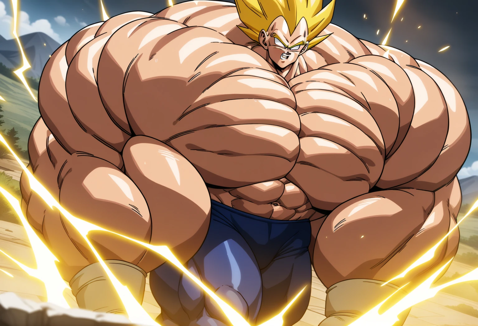 1boy, Vegeta, from Dragon Ball Z, masterpiece, best quality, very aesthetic, absurdres, saiyan, green eyes, spiked hair, (yellow hair:1.5), shirtless, blue skintight pants, white gloves, (huge muscles:2.5), dragonballartstyle, in the style of Akira Toriyama, white tiled floor, outdoors, flat-top mountains, nipples, yellow aura, electricity