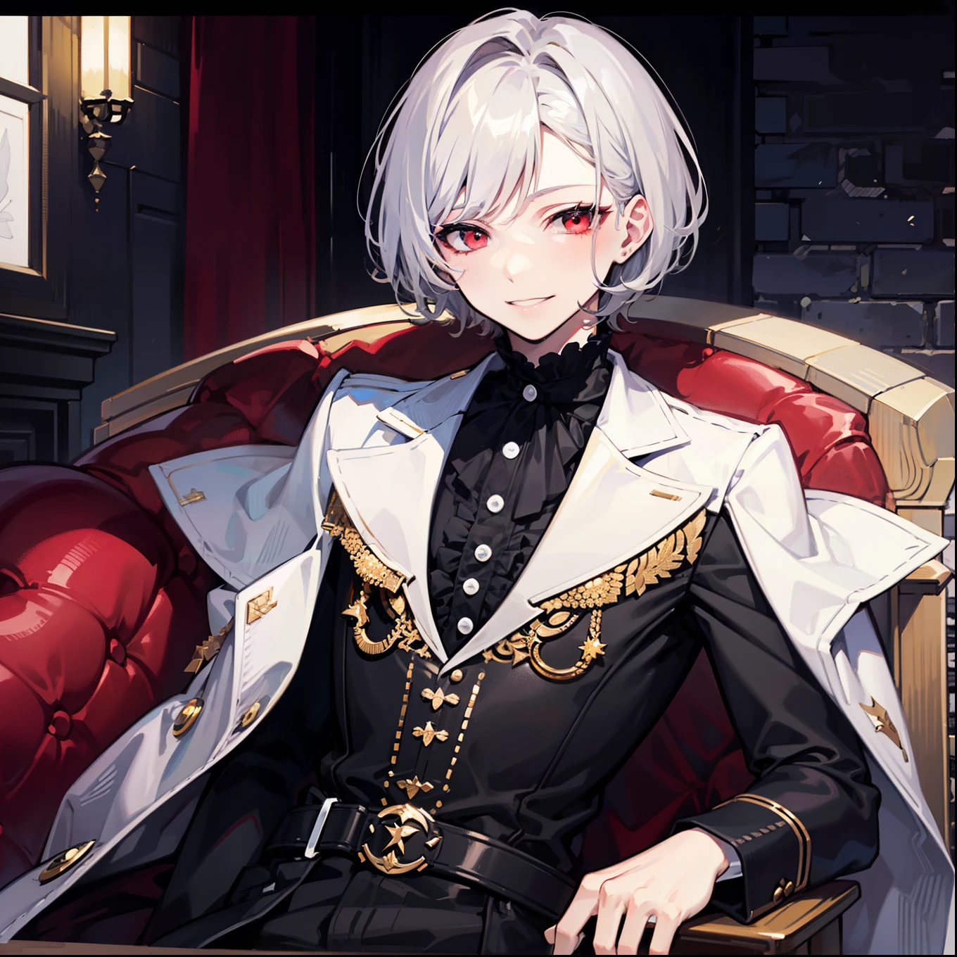 {{{{masterpiece}}}},{{Highest quality}},{{Official Art}},{{Highly detailed CG Unity 8k wallpaper}},{{{Art Book}}} (One boy) Gray Hair, ((short hair)), ((Diagonal bangs)), Red eyes, (((A nasty smile))), ((Aristocratic costume)), Dark Theme, {{White skin}}, shape, Bright Eyes, alone