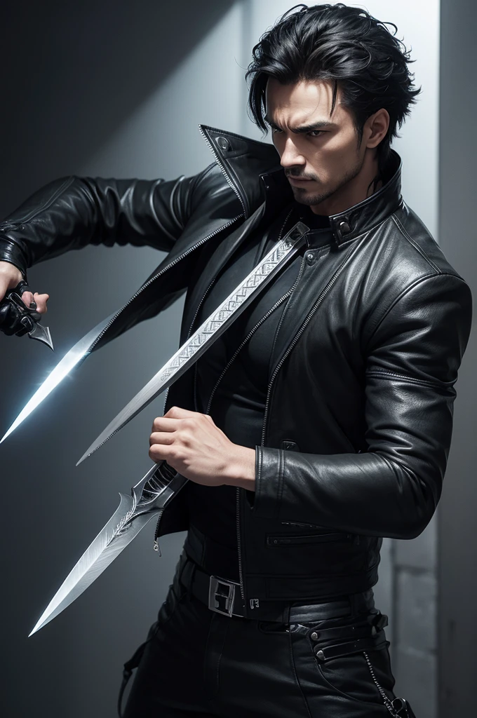 Man in black blade style jacket with two daggers in his hands attacking