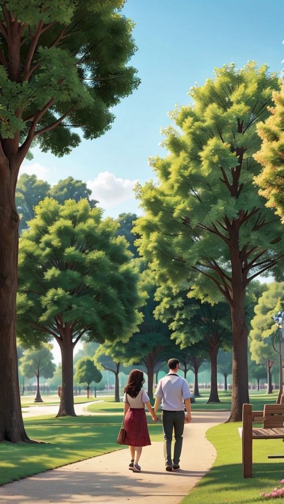 A couple walking in a beautiful park. 