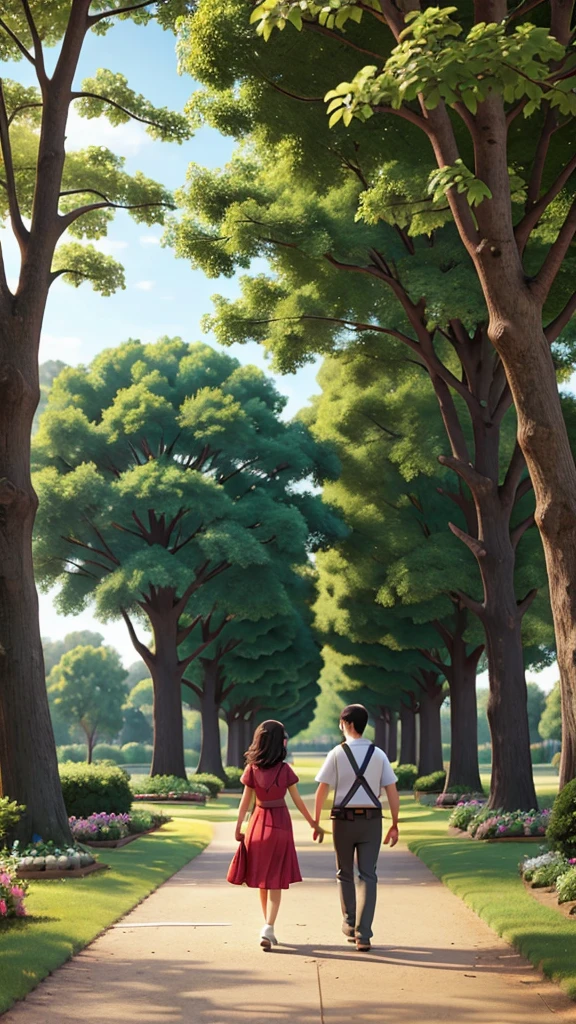 A couple walking in a beautiful park.