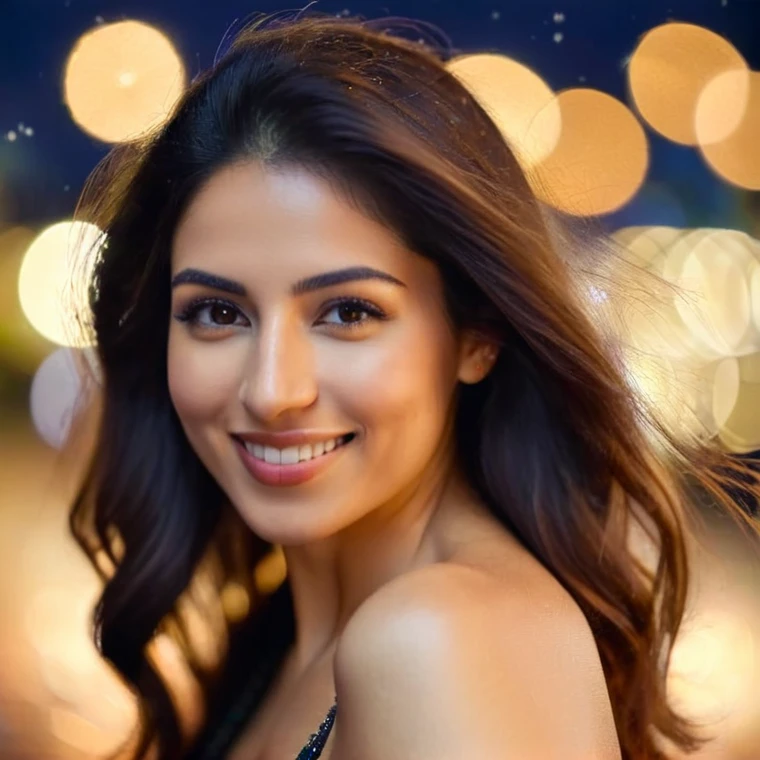 hires headshot photo of a beautiful 25 -year-old desilatte  woman, smiling, topless, dynamic pose, highly textured skin, outdoors night time, background bokeh