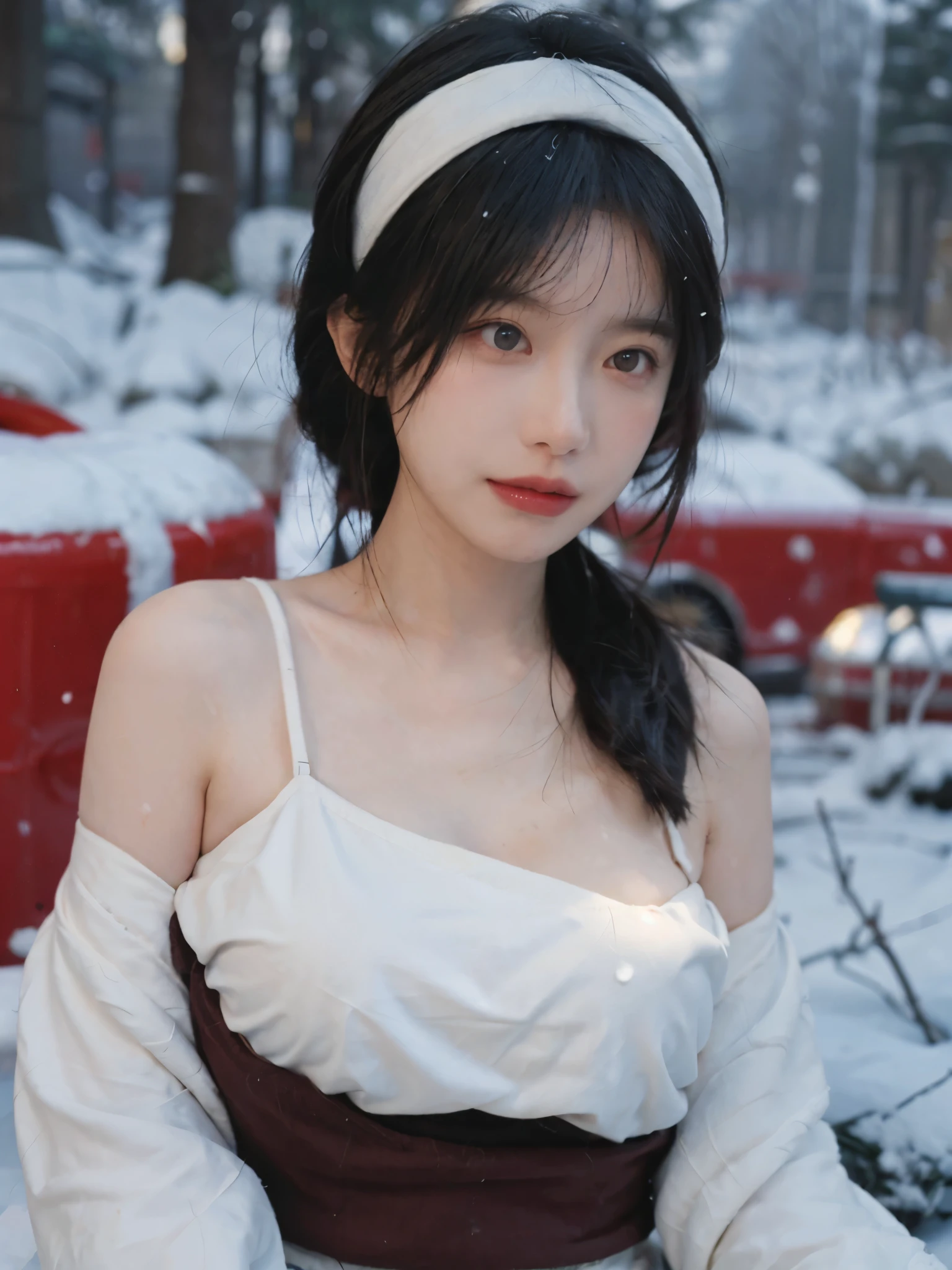 Portrait photography，1 girl，Snow Scene，Snowing background，Push-up non-slip tube top ，（whole body：1.4），Lipstick，(Big Breasts:1.4)，Headband，serene，calm，(Realistic and detailed eyes，Natural skin texture，Realistic facial details)，