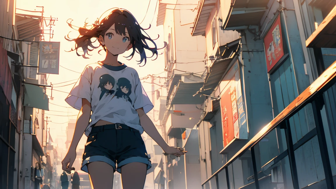 A cumulus cloud in the center of the screen, Sun at sunset,daughter,Brown Hair,Sitting with knees hugged,enjoy,Open your mouth,lol,Dynamic Hair,masterpiece,high quality,Written boundary depth,Storytelling Images,Fisheye Lens glitter effect
A lone figure whole body beautiful girl Tank top Denim shorts