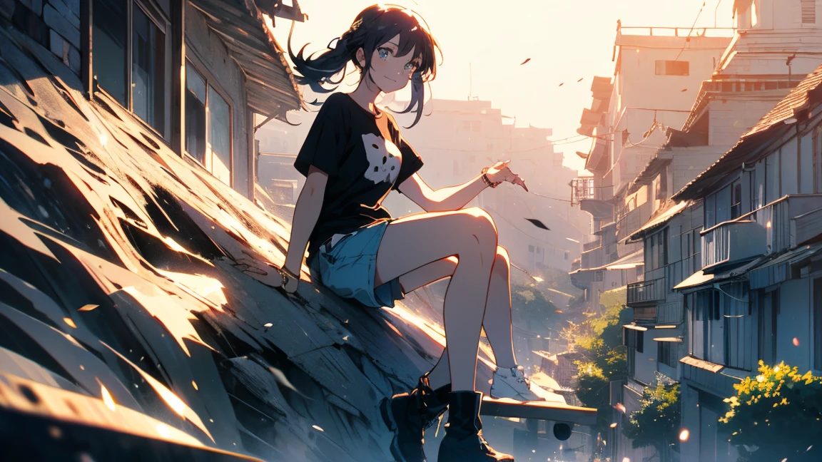 (Highest quality、masterpiece、High resolution、detailed)、(Shining Eyes、detailed美しい顔)、1 Girl、(T-Shirts,Shorts),smile,short boots,outskirts、Slope background、Beautiful Anime