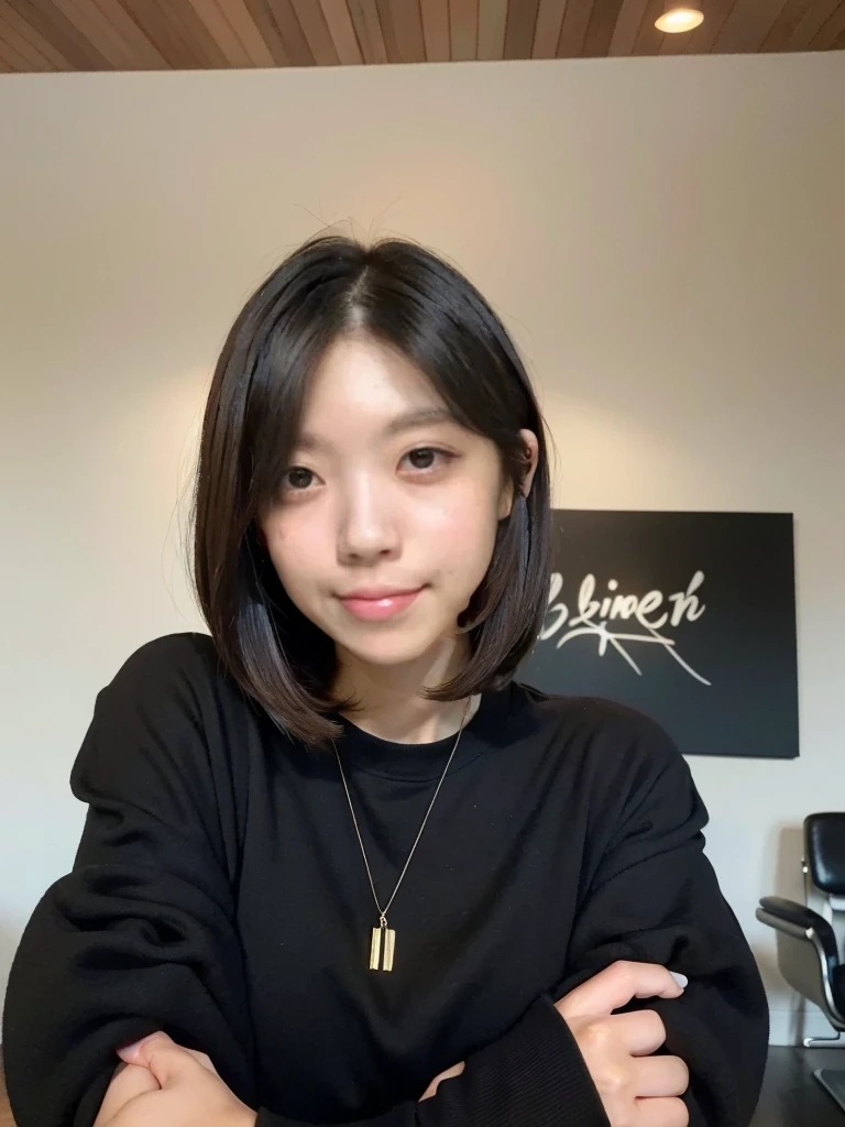 (((Face close-up)))、(((Brown, shoulder-length, straight short bob)))、(((She is posing like a model at a hair salon., Indoors, against a black wall.)))、(((Casual black winter long sleeves covering the shoulders)))、Half Japanese, Half Korean、18-year-old girl、Independent、I&#39;m looking forward to、Light eye makeup、Brown Hair Color、Flat 、Hair blowing in the wind、Quality of actress、Shiny, Ultra-realistic faces、smile、Watery eye、look up、Subtle lighting effects、 Ultra-Realistic Capture、Very detailed、High resolution 16k human skin closeup。Skin texture must be natural、The detail must be such that the pores are clearly visible.、skin is healthy、Even Tone、Use natural light and colour、Worn out, High quality photos taken by modeling agencies&#39;In-house photographer.、smile、(((Sigma 300mm F/1.4,1/1000 sec shutter,ISO400))) 