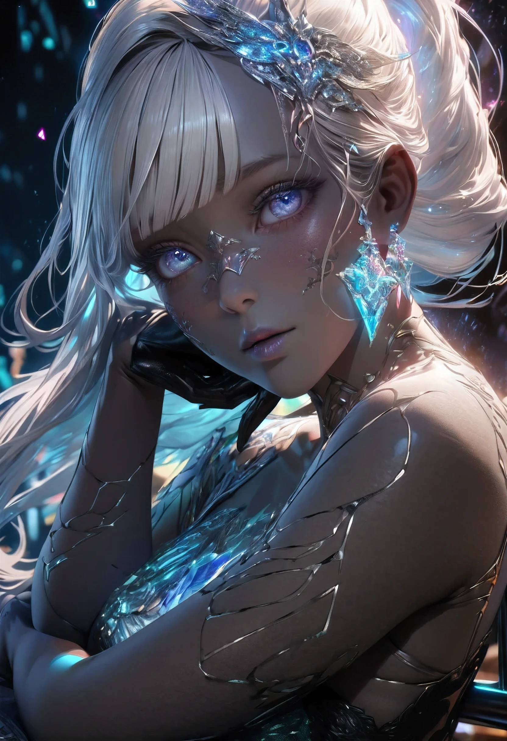 (NSFW), (masterpiece, best quality, hires, high resolution:1.2), (extremely detailed, intricate details, highres), hauntingly beautiful face, emerges from the depths, dark abyss, piercing eyes,hidden depths of the soul, mysterious beauty, intricate abstract, intricate artwork, non-representational, colors and shapes, expression of feelings, imaginative, highly detailed