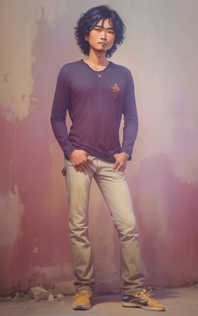 Masterpiece, Standing Malay man, 30 years old, slightly curly black hair, wearing a similar black t-shirt, light blue jeans, shoes, two hands in his trouser pockets, hyperrealistic, sufficient lighting