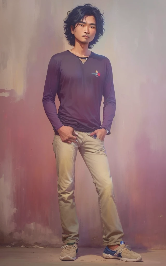 Masterpiece, Standing Malay man, 30 years old, slightly curly black hair, wearing a similar black t-shirt, light blue jeans, shoes, two hands in his trouser pockets, hyperrealistic, sufficient lighting