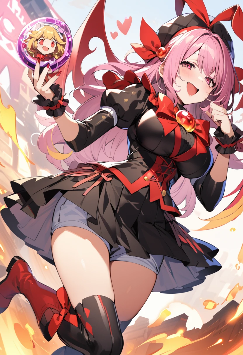 Cure happiness,  skirt,  Wrist cuff, shorts under skirt, boots, corruption, Hollow Eyes, Half closed eyes, Wicked Smile, There are no students, Crazy Smile, Open your mouth, girl２people,Blue and red accents， Dark Magical Girl,Black costume,Large Breasts（Huge breasts:1.8)