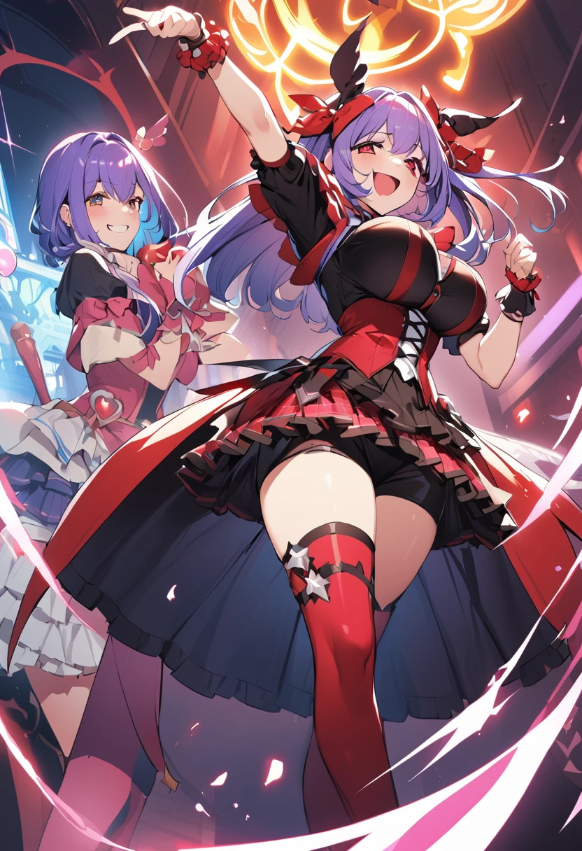 Cure happiness,  skirt,  Wrist cuff, shorts under skirt, boots, corruption, Hollow Eyes, Half closed eyes, Wicked Smile, There are no students, Crazy Smile, Open your mouth, girl２people,Blue and red accents， Dark Magical Girl,Black costume,Large Breasts（Huge breasts:1.8)