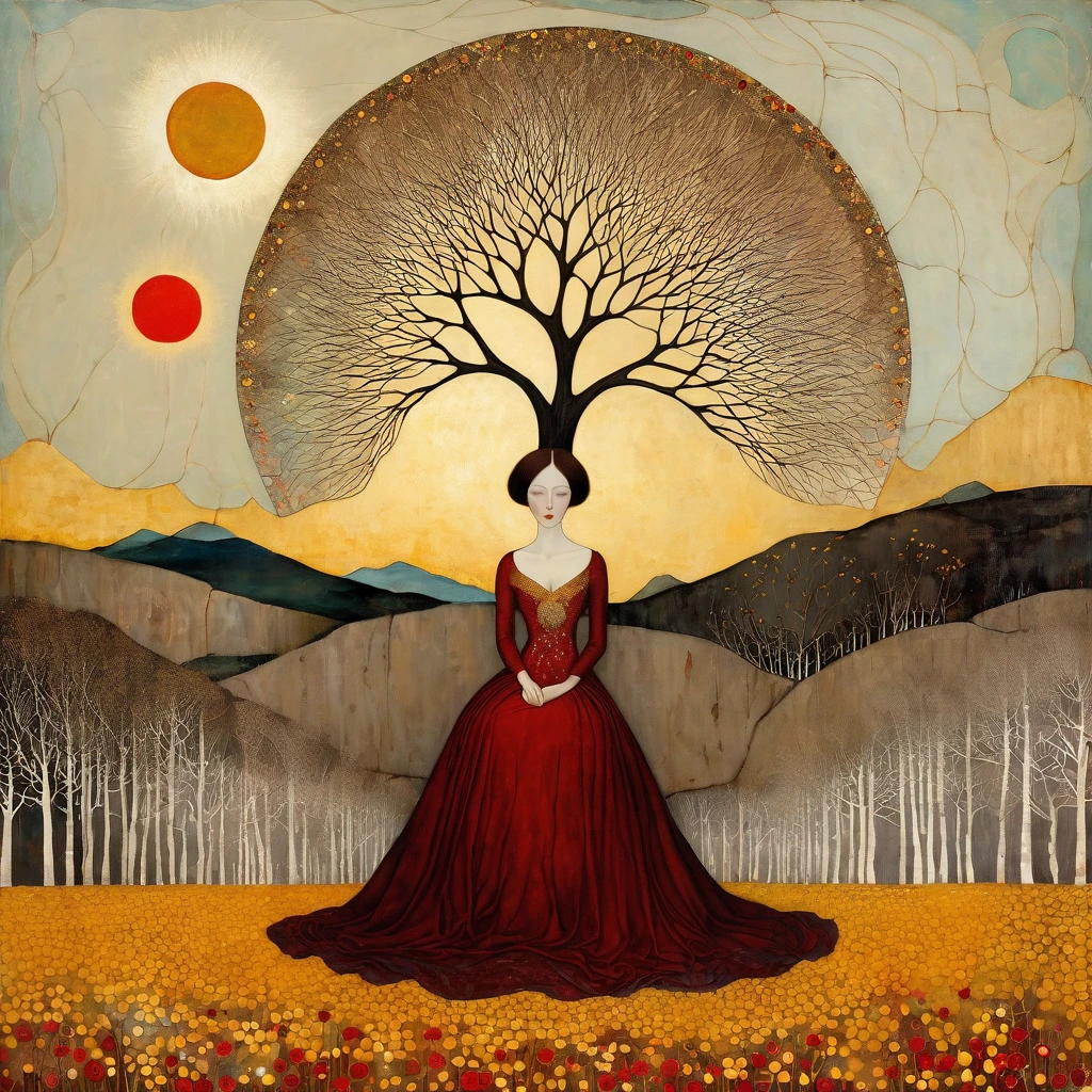Art style by Klimt, Sam Toft, Florine Stettheimer, Dina Wakley, Catrin Welz-Stein, Gabriel Pacheco, Elisabeth Fredriks. A woman, brown hair, sitting in a barren land split by the sun, bare trees withered. She wears, a light dress that lets her breasts show and a wide skirt with motifs of lakes, mountains hills, skies, water and fire spreading around her.