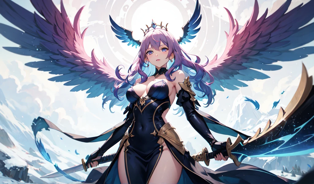 In the snow world,Queen,She has wavy pink and blue hair and eyes.,On his back are giant blue phoenix wings.,Conservative dress,The gaze is cold,Holding a sword in one hand,Angle from below,sexy