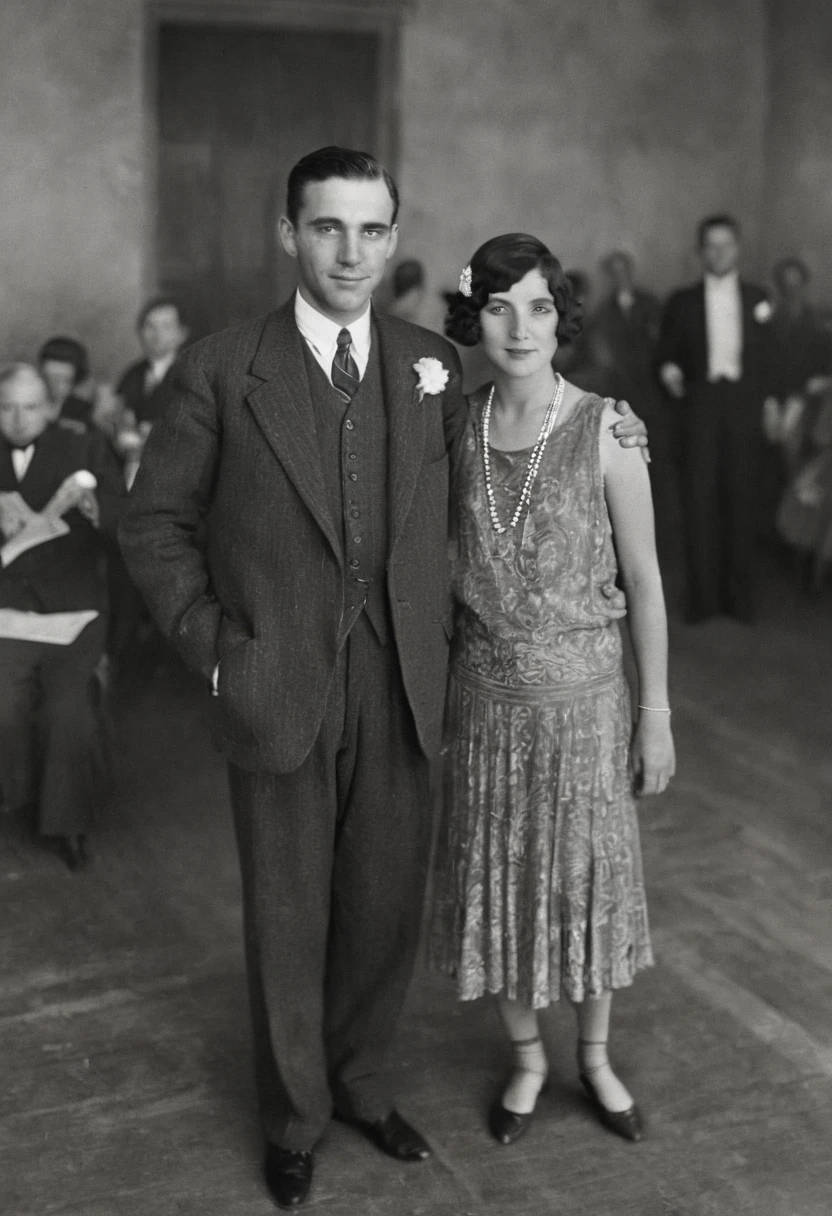 Black and white 1920s american couple photo, dancing, looking at the camera, ballroom, low resolution, faded color, film grain, photo scratches, scratch effect, facing the camera, blurred, worn out photo