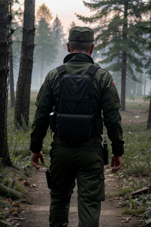 A Russian army soldier in modern combat gear holds an AK-12 in his hands.
 View from the back.  He points to the side with his hand.  The face is not visible.  Twilight.  Forest.